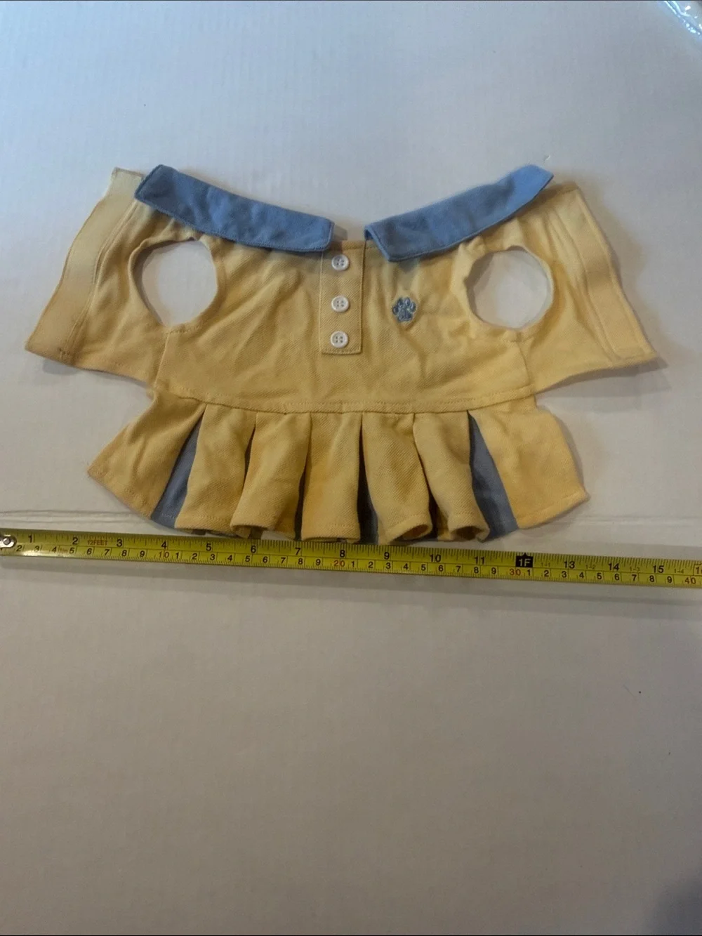 Yellow Pleated Pet Dress with Blue Trim